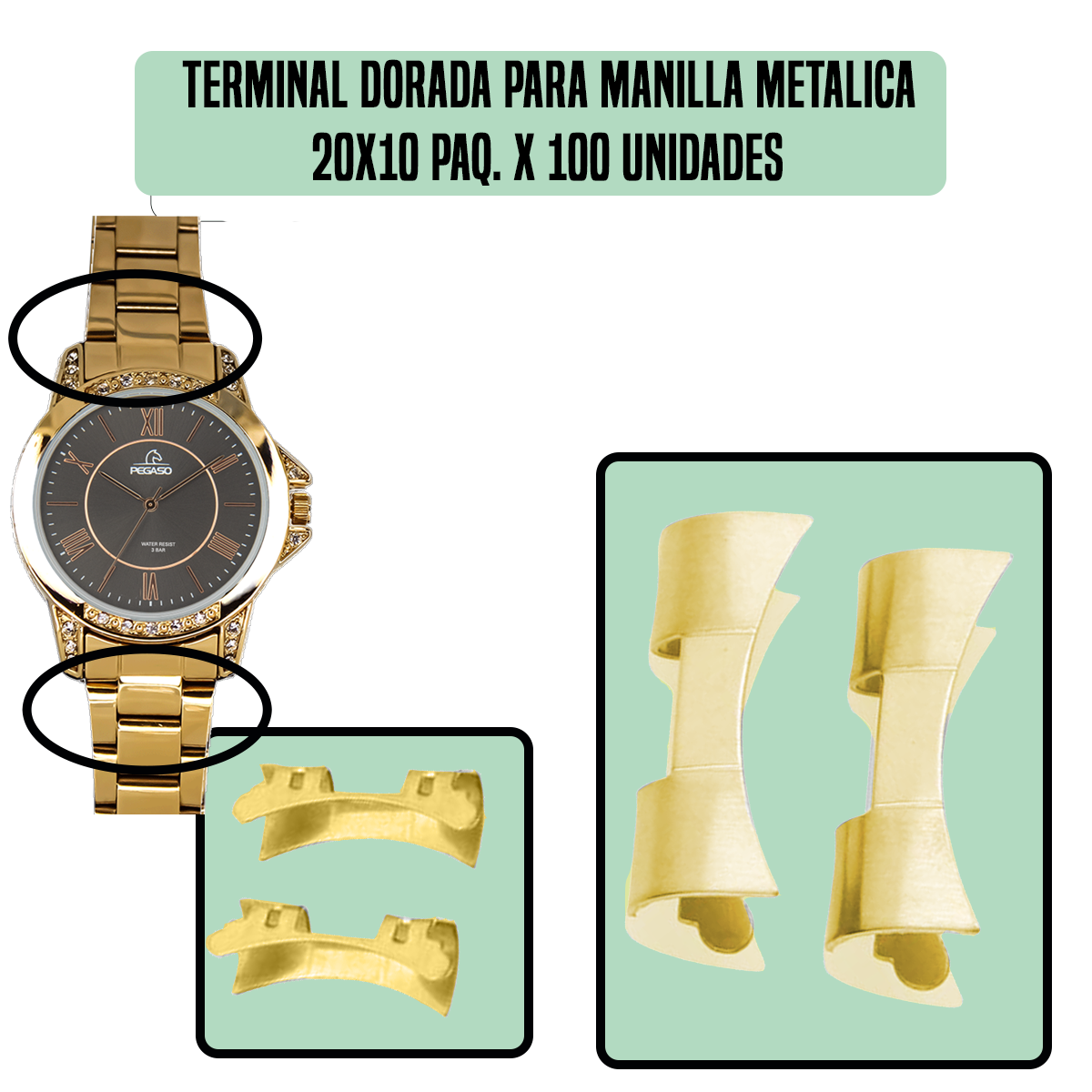 TRG-TERMINAL DORADA PARA MANILLA METALICA 20X10 PAQ. X 100 UNIDADES-20X10