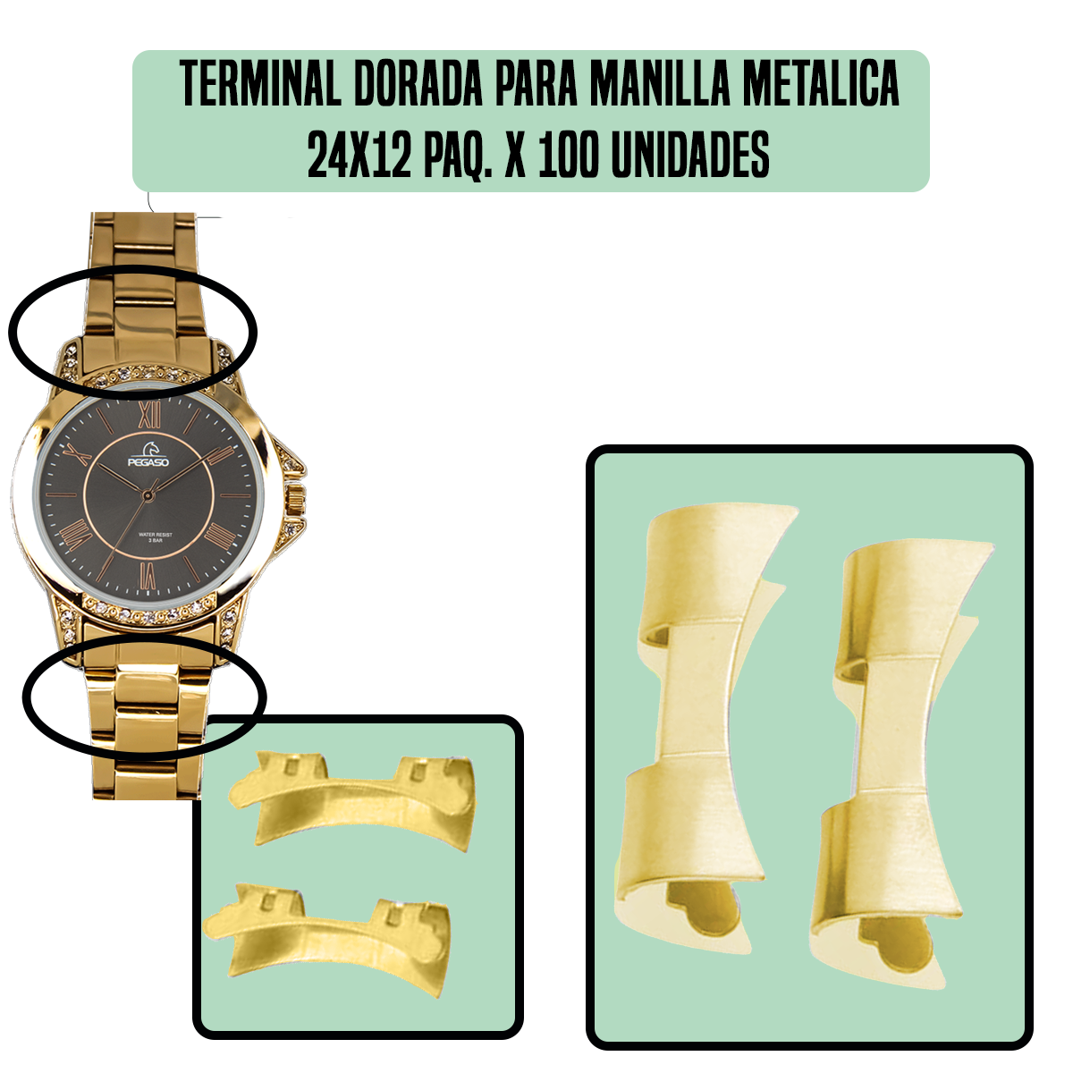 TRG.24X12-TERMINAL DORADA PARA MANILLA METALICA 24X12 PAQ. X 100 UNIDADES