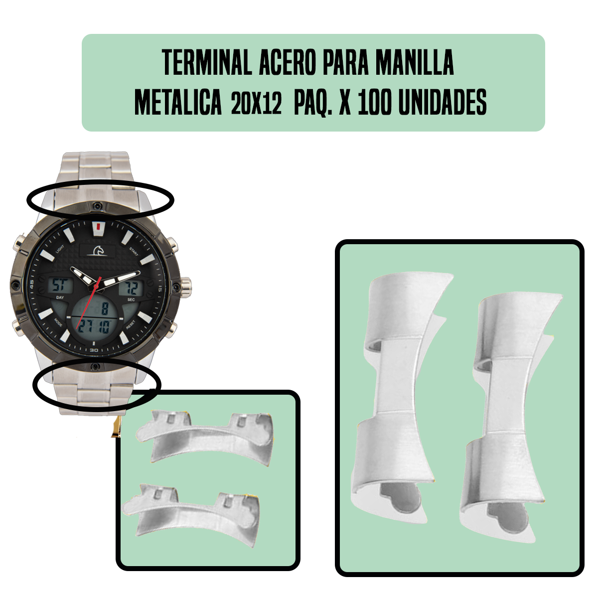 TRS.20X12-TERMINAL ACERO PARA MANILLA METALICA 20X12 PAQ. X 100 UNIDADES
