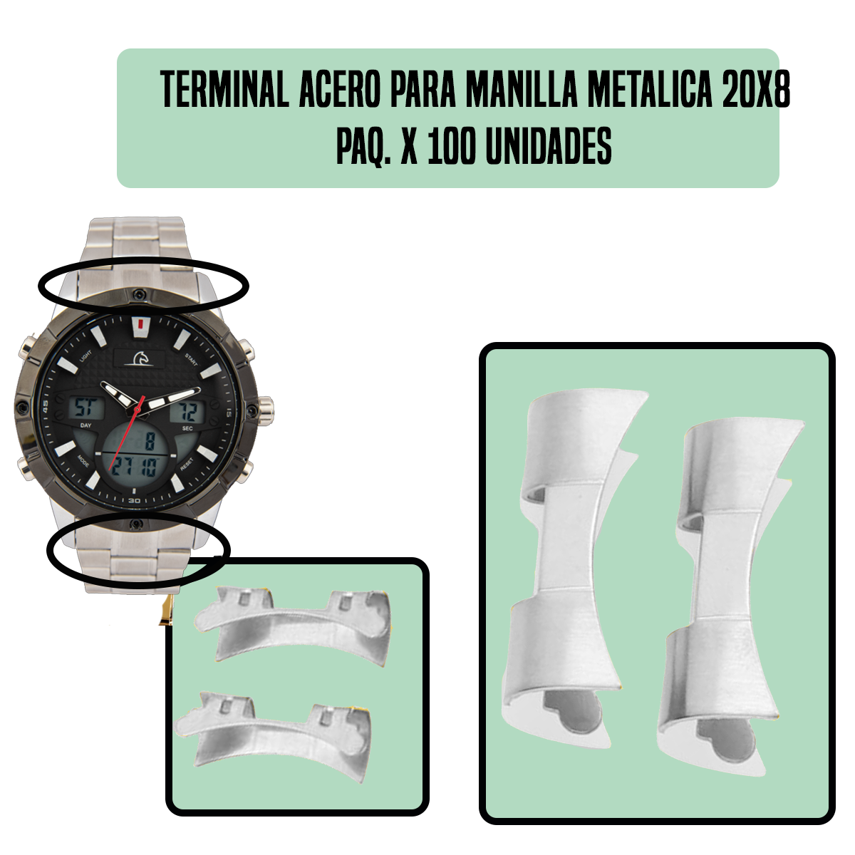 TRS.20X8-TERMINAL ACERO PARA MANILLA METALICA 20X8 PAQ. X 100 UNIDADES