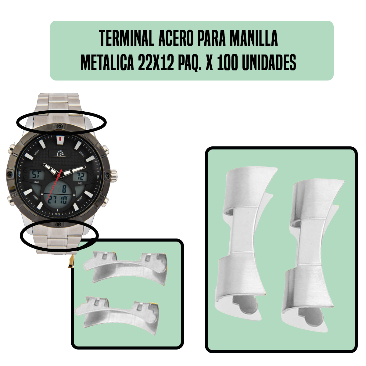 TRS.22X12-TERMINAL ACERO PARA MANILLA METALICA 22X12 PAQ. X 100 UNIDADES