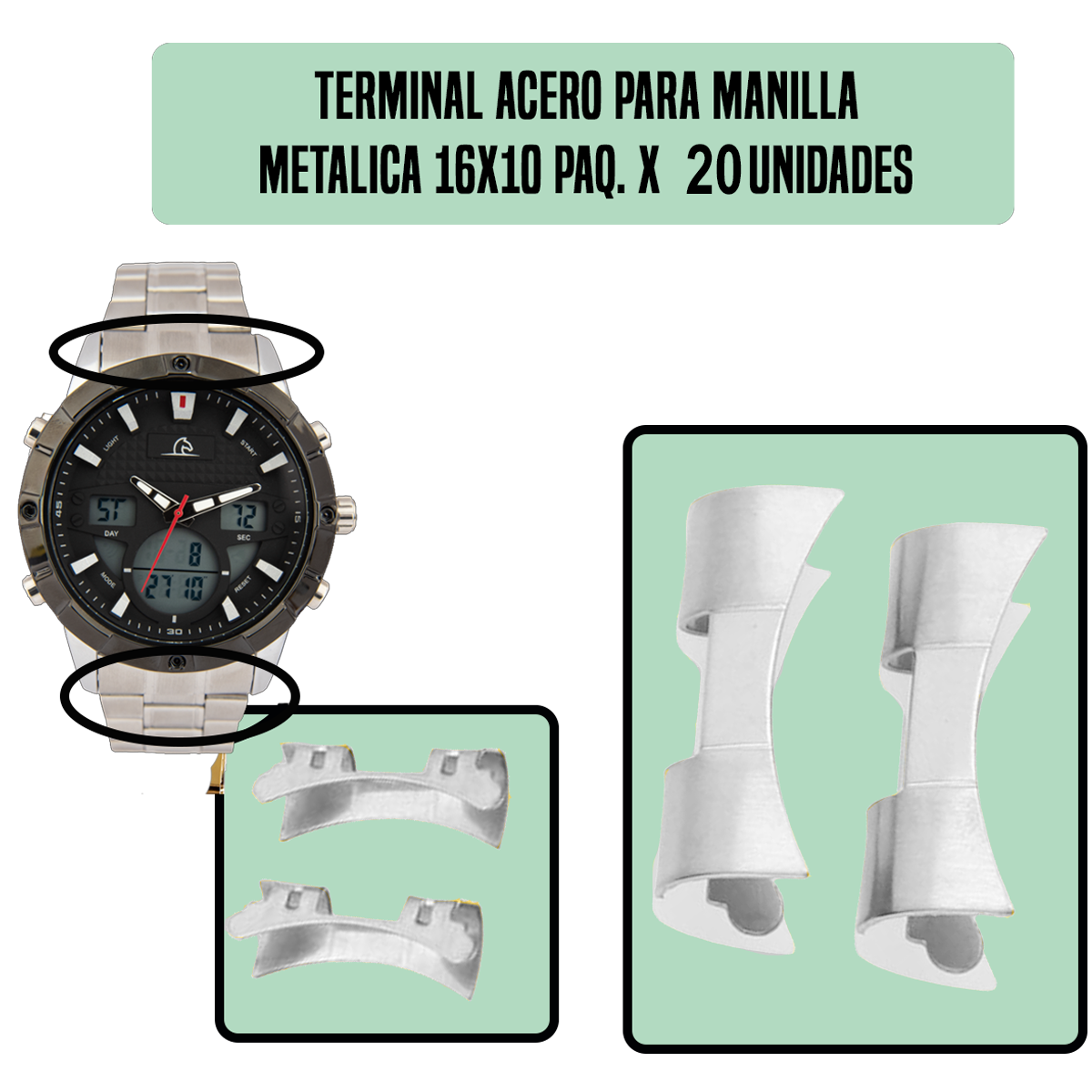 TRS.16X10-B20-TERMINAL ACERO PARA MANILLA METALICA 16X10 PAQ. X 20 UNIDADES