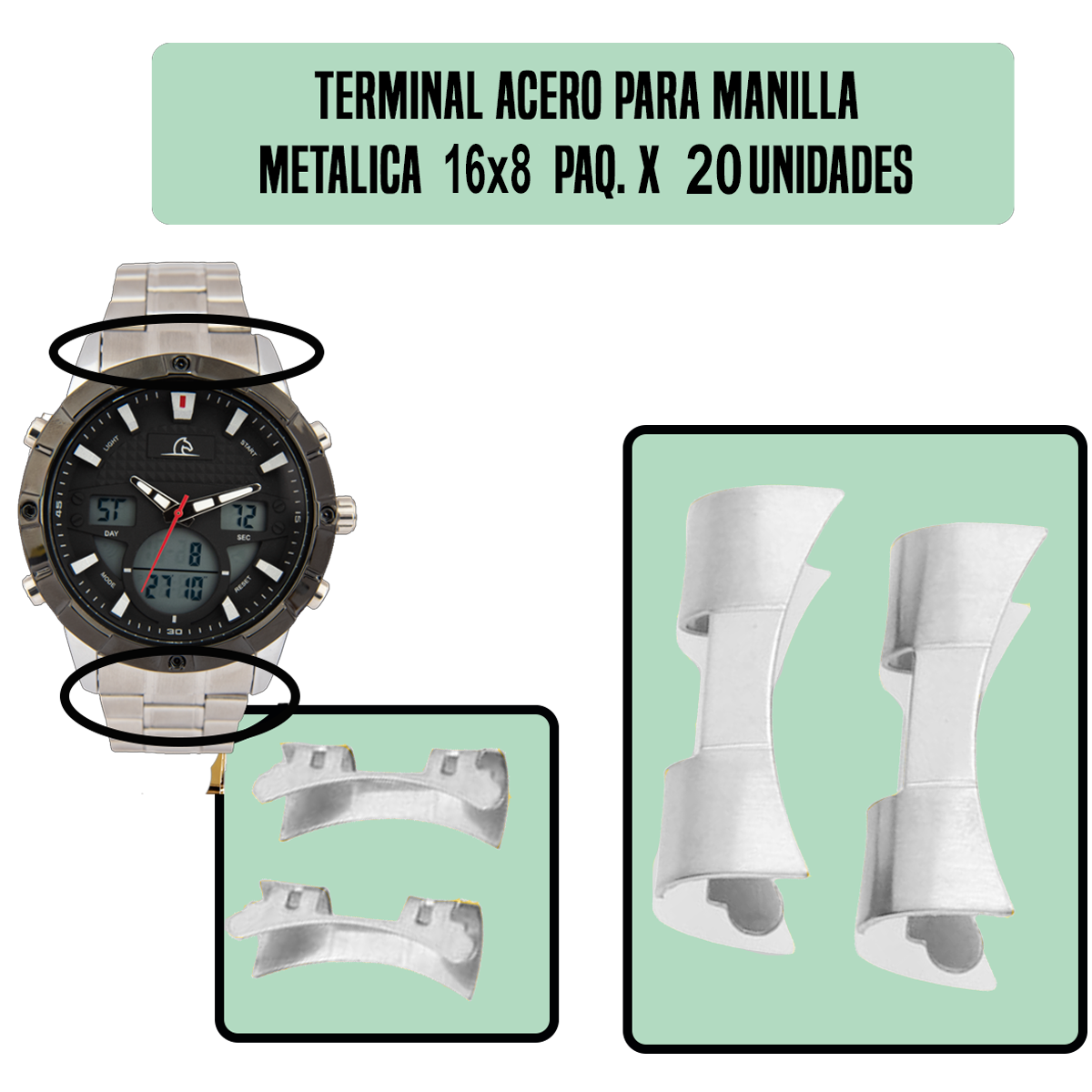 TRS.16X8-B20-TERMINAL ACERO PARA MANILLA METALICA 16X8 PAQ. X 20 UNIDADES
