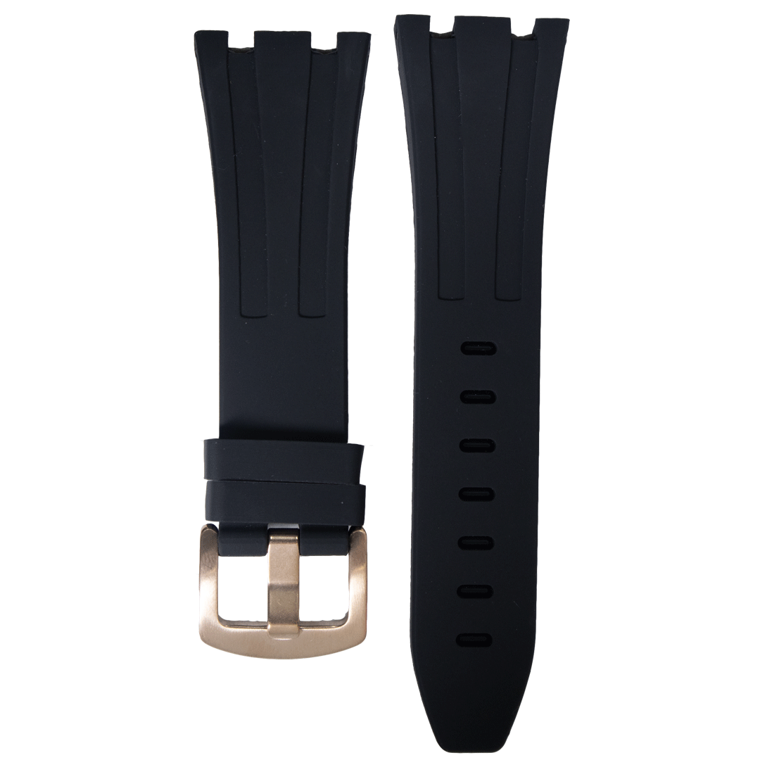 CT001RGK.28.1-PULSO SILICONA DE ENCAJE NEGRO HEBILLA ORO ROSA #28