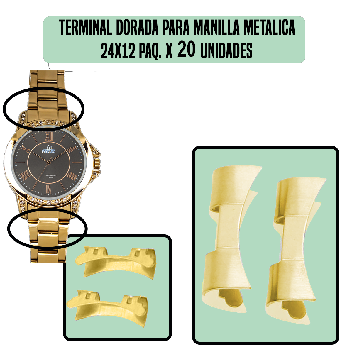 TRG.24X12-B20-TERMINAL DORADA PARA MANILLA METALICA 24X12 PAQ. X 20 UNIDADES
