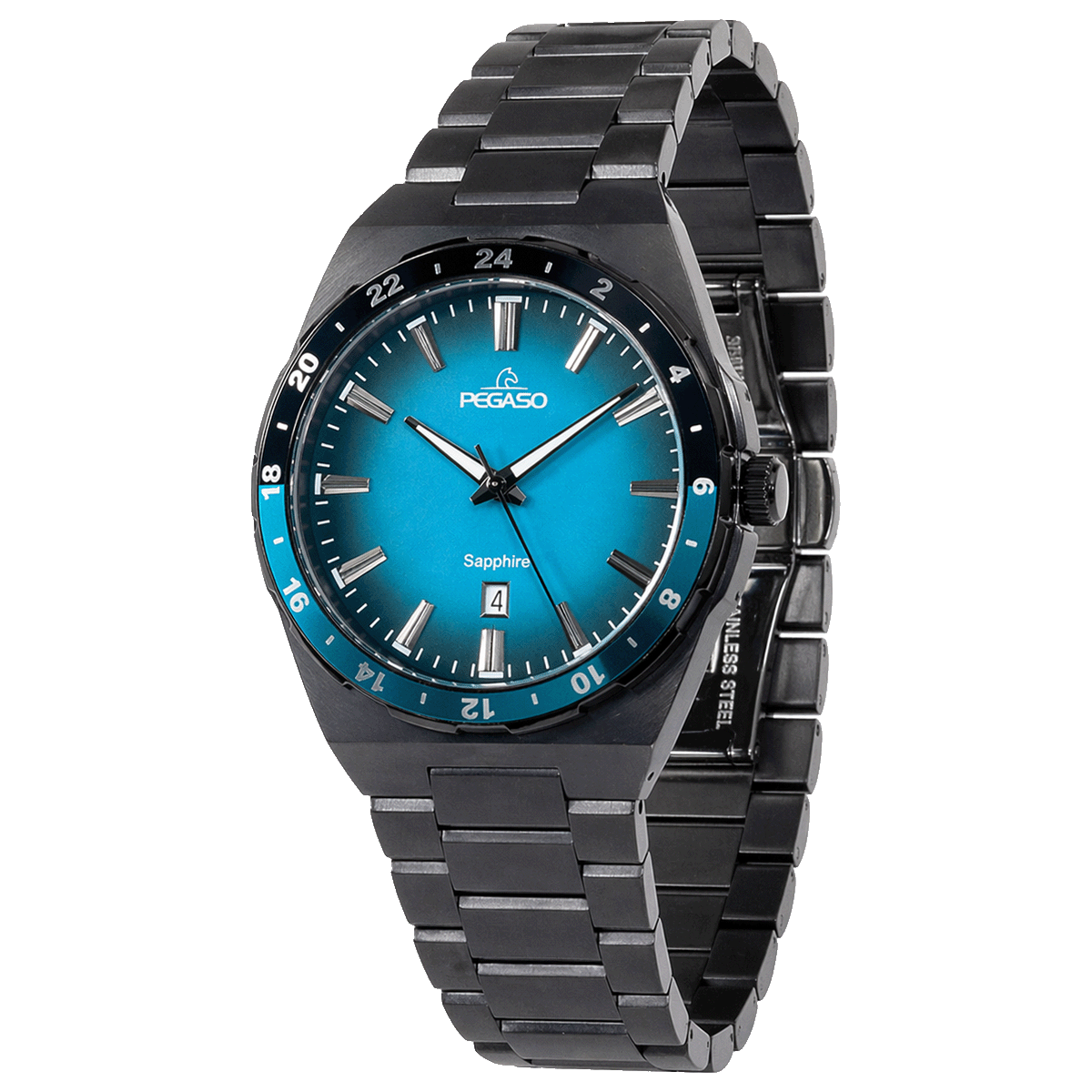 CT7018G-RELOJ PEGASO ACERO SOLIDO PAVONADO ZAFIRO CALENDARIO HOMBRE-M01M010901B