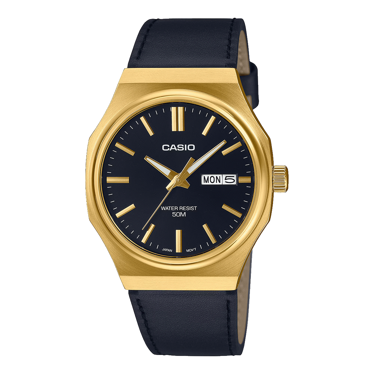MTP-E735GL-RELOJ CASIO ACERO DORADO PULSO DE CUERO 50M. DOBLE CALEND. HOMBRE-1AVDF